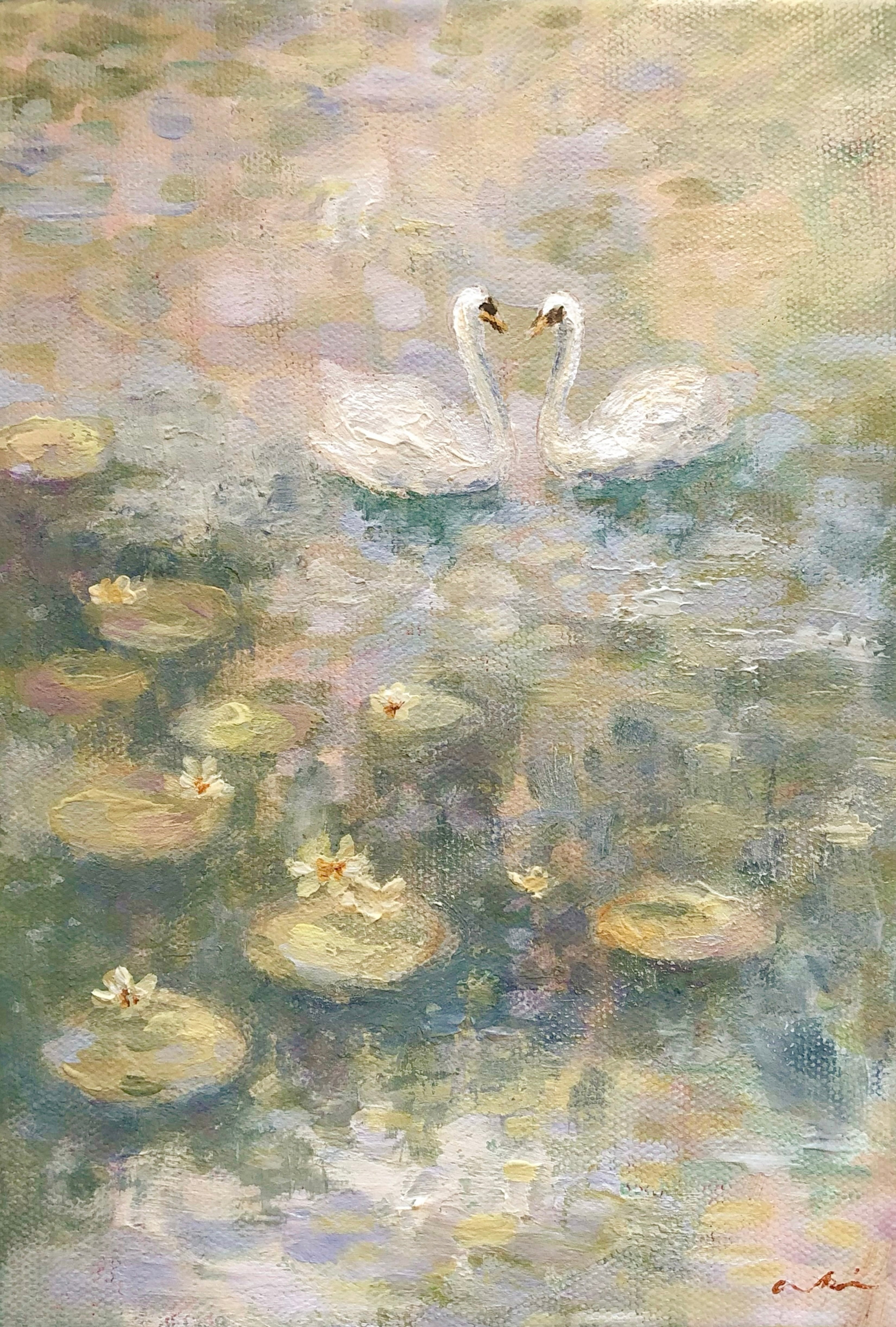 丸型コンパクトミラー（白鳥と睡蓮） | Heartful art goods - aki