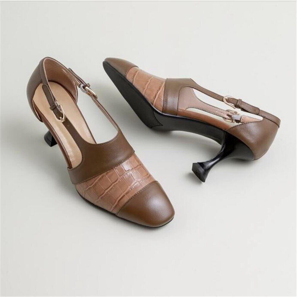 【新作】【送料無料】 カラーマッチングセクシーな女性の正方形の頭のハイヒールの金属のバックル装飾的な格子縞のパターンのスチレットヒールの春と秋の女性 靴 シューズ スプリング 春物 オータム 秋物 スクウェア 10b377546512106