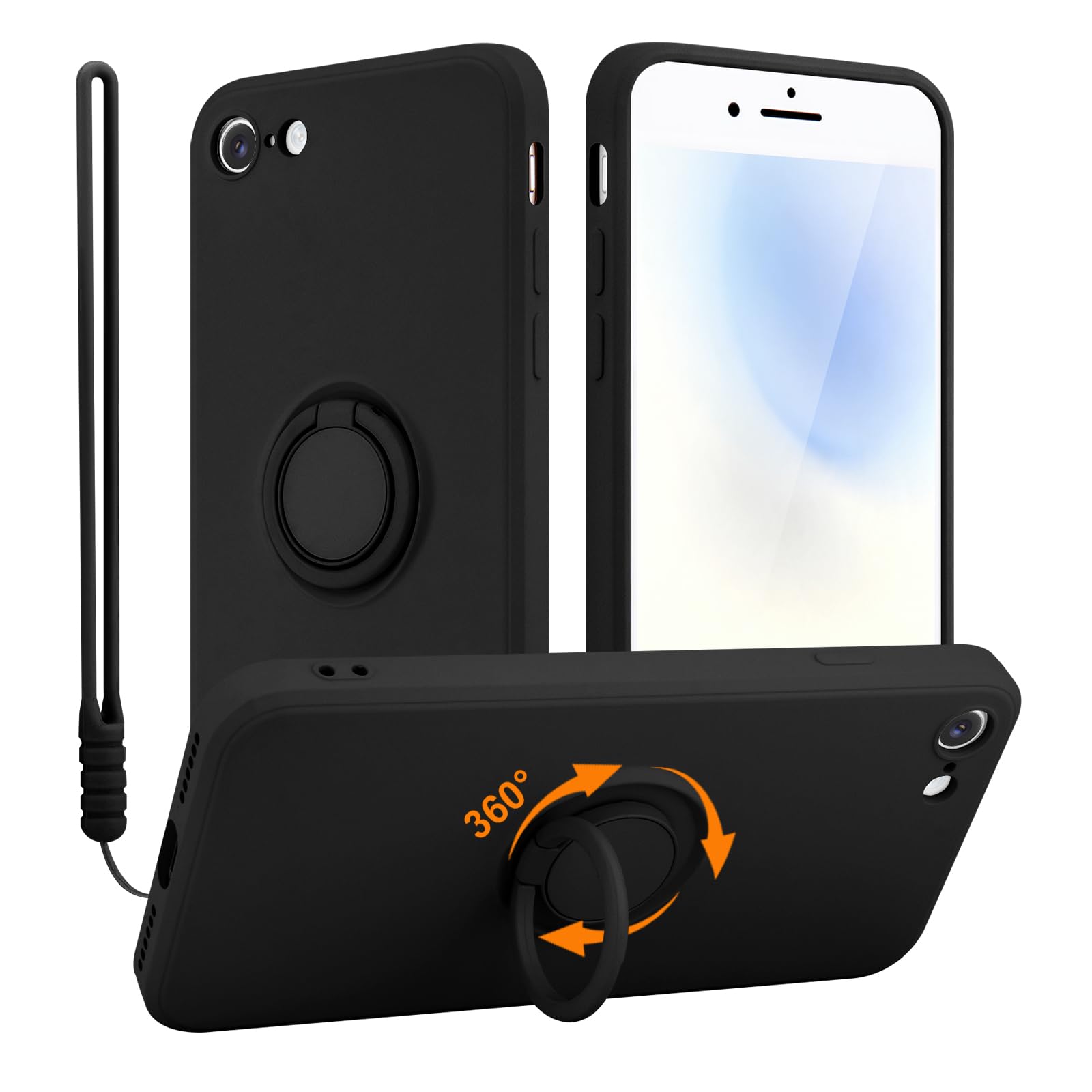 LCHULLE iPhone SE3/SE2/8/7 用 ケース シリコン 360 度回転リングスタンド付き ストラップ付き 軽量 耐衝撃【ブラック】