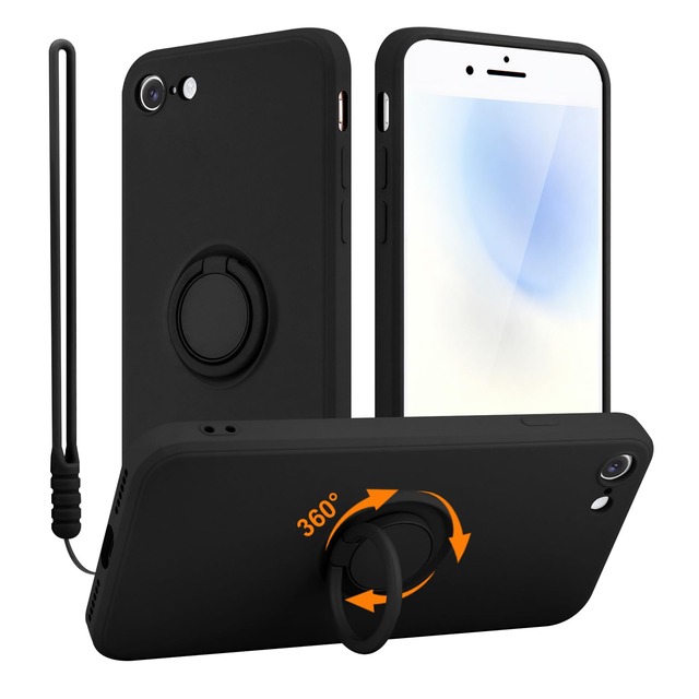 LCHULLE iPhone SE3/SE2/8/7 用 ケース シリコン 360 度回転リングスタンド付き ストラップ付き 軽量 耐衝撃【ブラック】
