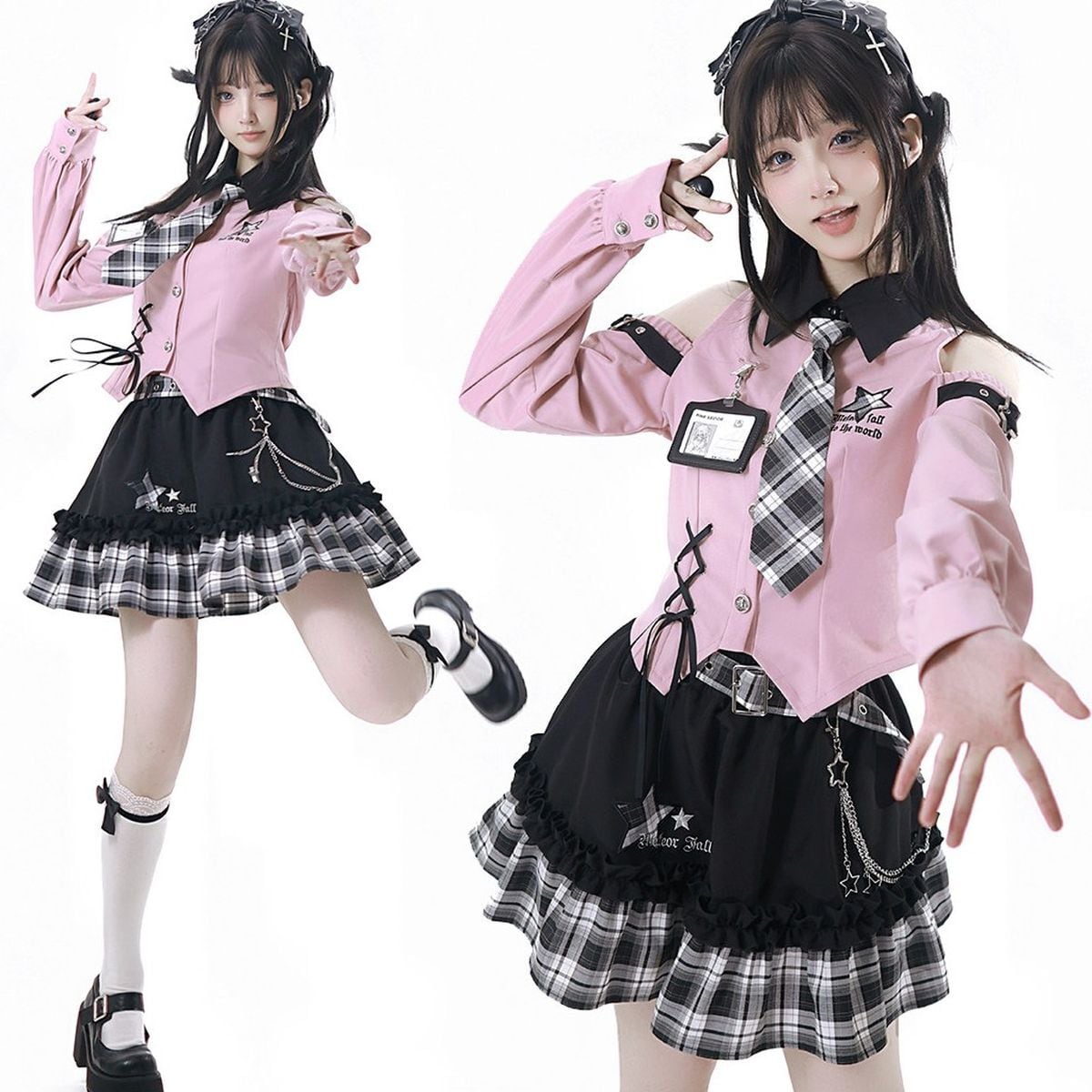 ピンク×ブラックオープンショルダーブラウス＆チェーンスカート