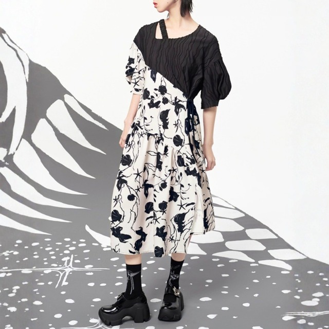 Asymmetric floral ruched one-piece C1604