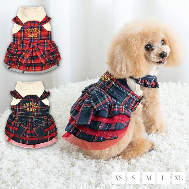 CRAZY BOO】犬用 服 XL 赤（M.L】 フリルチェック柄ワンピ CRAZYBOO 