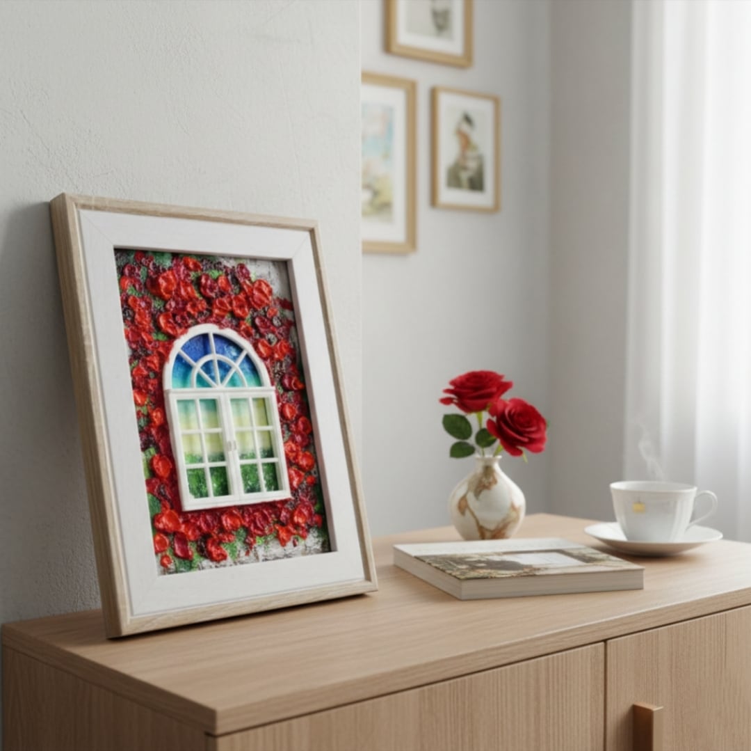 油彩画 円形ミニ絵画「赤富士」 銀の空と白い雲 | HIROSHI1990