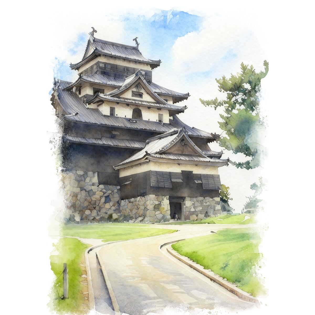 絵画 風景画 日本の城 島根県松江城 インテリアアート額付き 水彩画