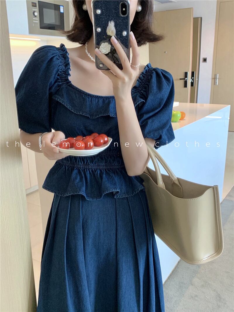 レーススリーブシャツ プリーツスカート Aライン ビッグFスモールZ韓国99672720686