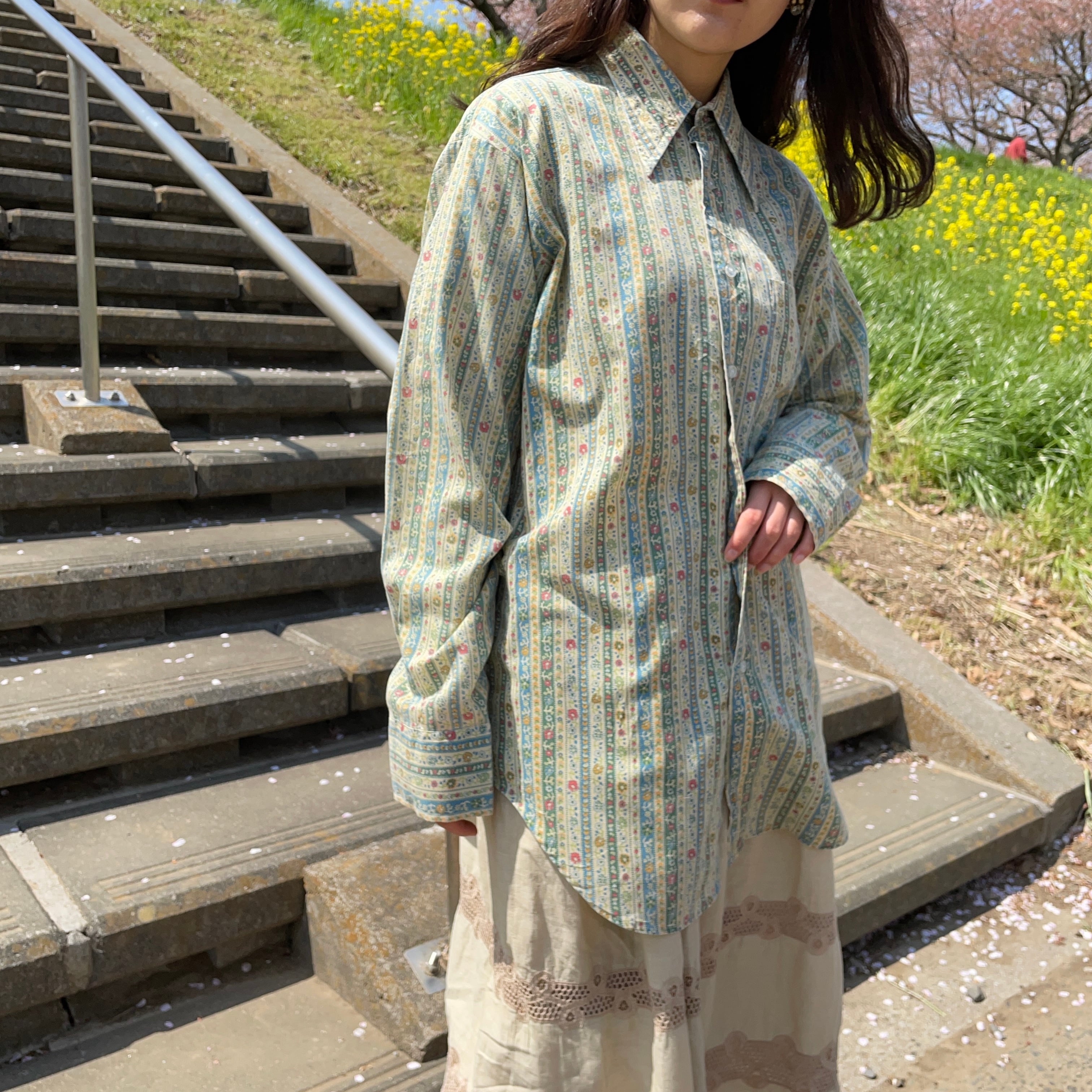 70s vintage shirt シャツ 古着 ヴィンテージ 70s 花柄 グリーン mach