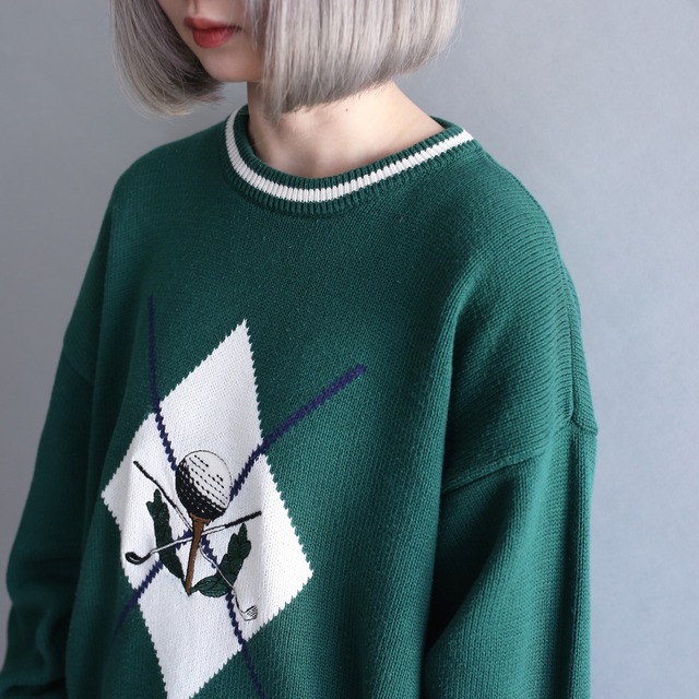 rib line golf pattern cotton knit sweater