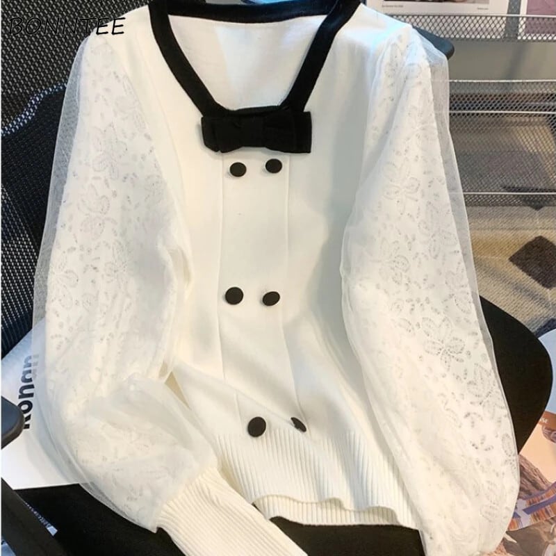 【新作】【送料無料】 セータープルオーバー女性パッチワーク長袖春秋暖かいソフトシックなルーズニットトップスボタンボウメッシュファッションオールマッチ 0218994249472