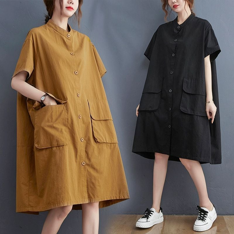 SOLID STAND COLLAR WIDE MIDI SHIRT DRESS 3colors M-13794