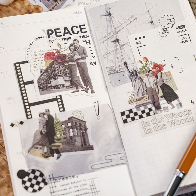 コラージュ風和紙シール15種30枚入り　ヴェイパーレトロ風　昨日遐想シリーズ【陌墨(MO-CARD)】[MC-6s]