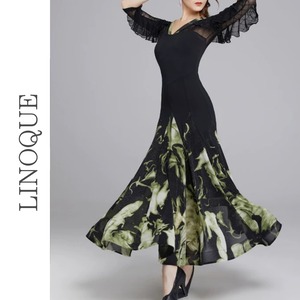 Vネックレーススリーブフラワーロングドレス 2color 【L00102】