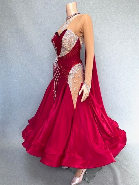 社交ダンス ドレス　スタンダード　モダンドレス　カージナルレッド　M　デモ・競技用ドレス　発表会衣装　パーティドレス　ワンピース　舞台衣装