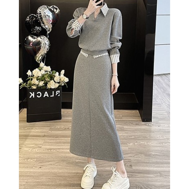 Sweatshirt Skirt Set Striped Detail Gray 30041