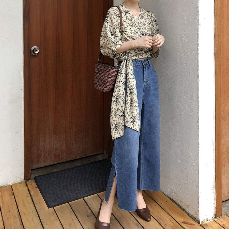 2020年夏の新スタイルウォッシュ&ウェアルーズハイウエストシンワイドレッグパンツ女子学生スプリットエンド9点ジーンズトレンド YY-ファッション868710341