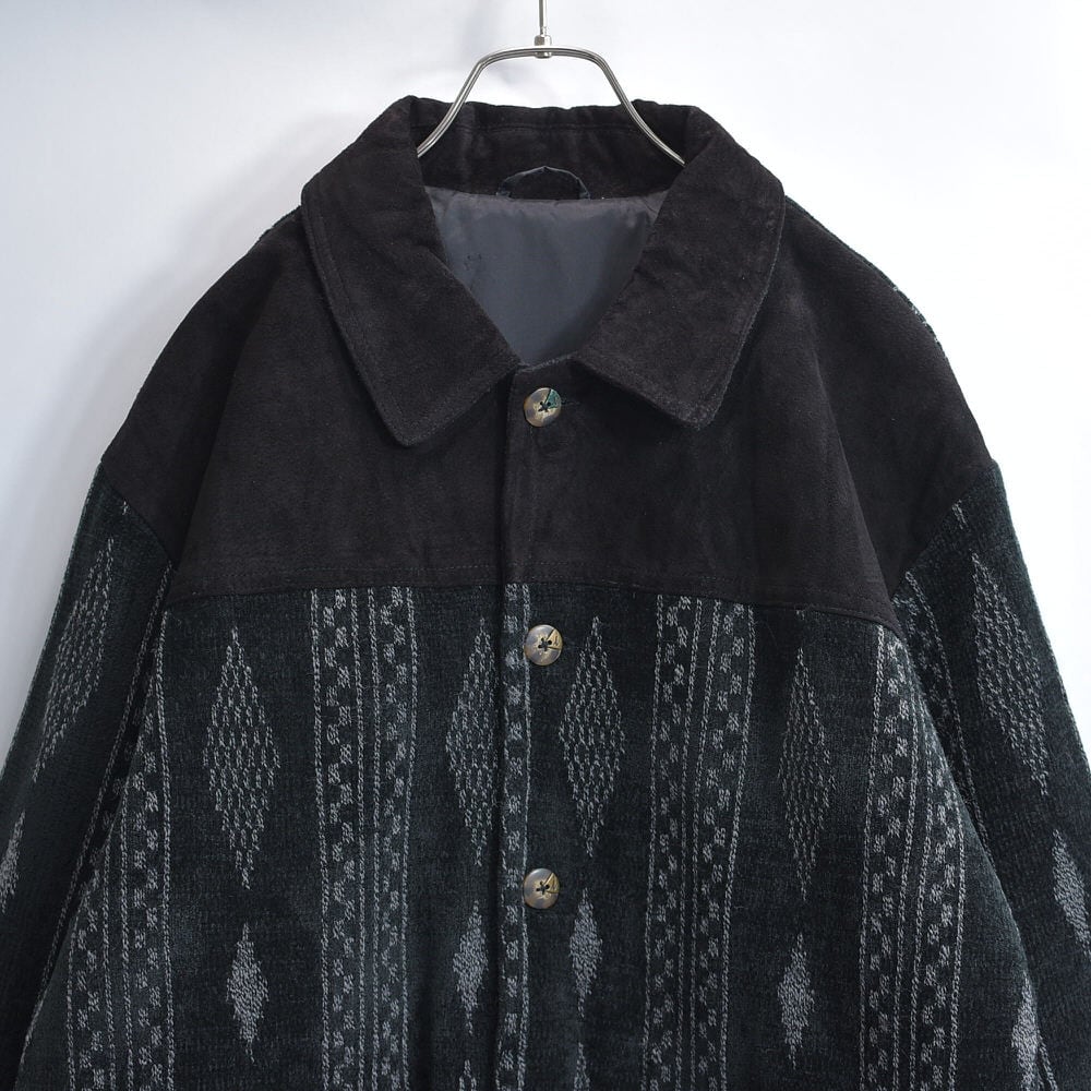90~00s Leather & Knitting レザーコンビネーション 切替デザイン パデットジャケット 幾何学模様 カバーオール 中綿入り ブラック ヴィンテージ ビンテージ 古着 メンズL相当