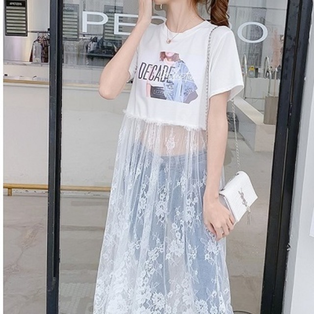 シースルーワンピース ｔシャツ レディース ワンピース ロング丈 ドッキングワンピース チュニック レース 重ね着 春 夏 カジュアル 韓国 オルチャン 白 黒 プチプラレディースファッション通販 Yboueki