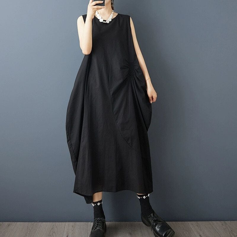 SOLID BOAT NECK SLEEVELESS MIDI COCOON DRESS 2colors M-14158