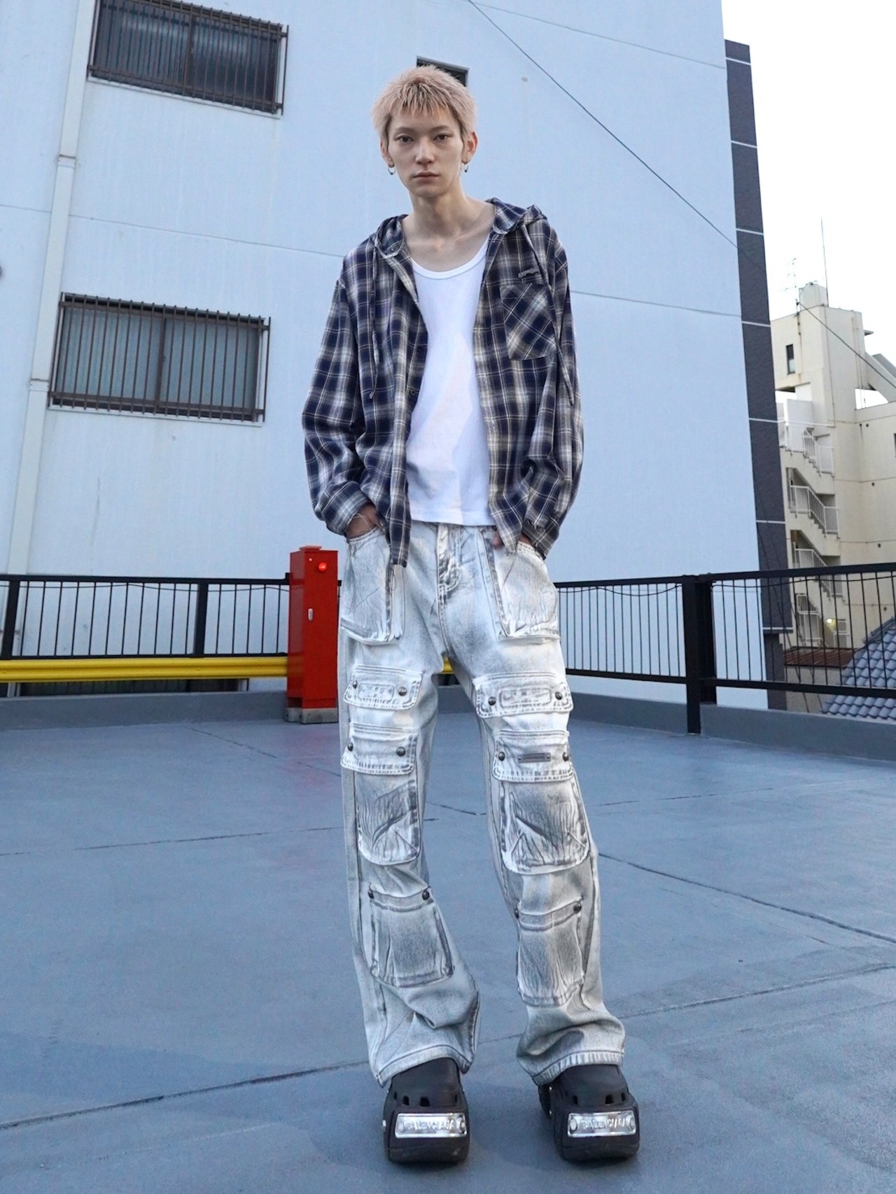 【LOVE KILLER】studs plate check hoodie shirt (2colors)
