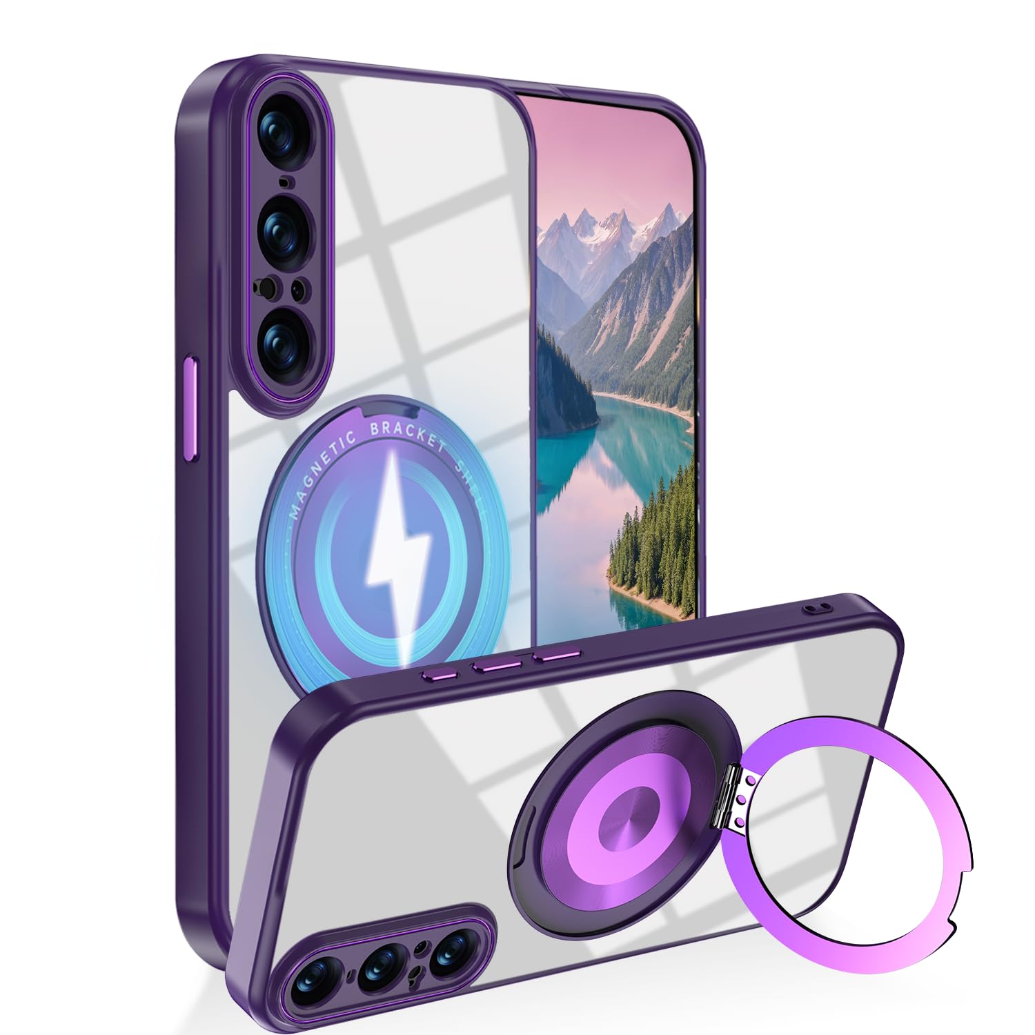 Anlalish 対応機種 Xperia 1 VII ケース リング 対応 ワイヤレス充電 Xperia 1 VII カバー 透明 360°回転スタンド 指紋防止 自動車アクセサリーカード (紫)