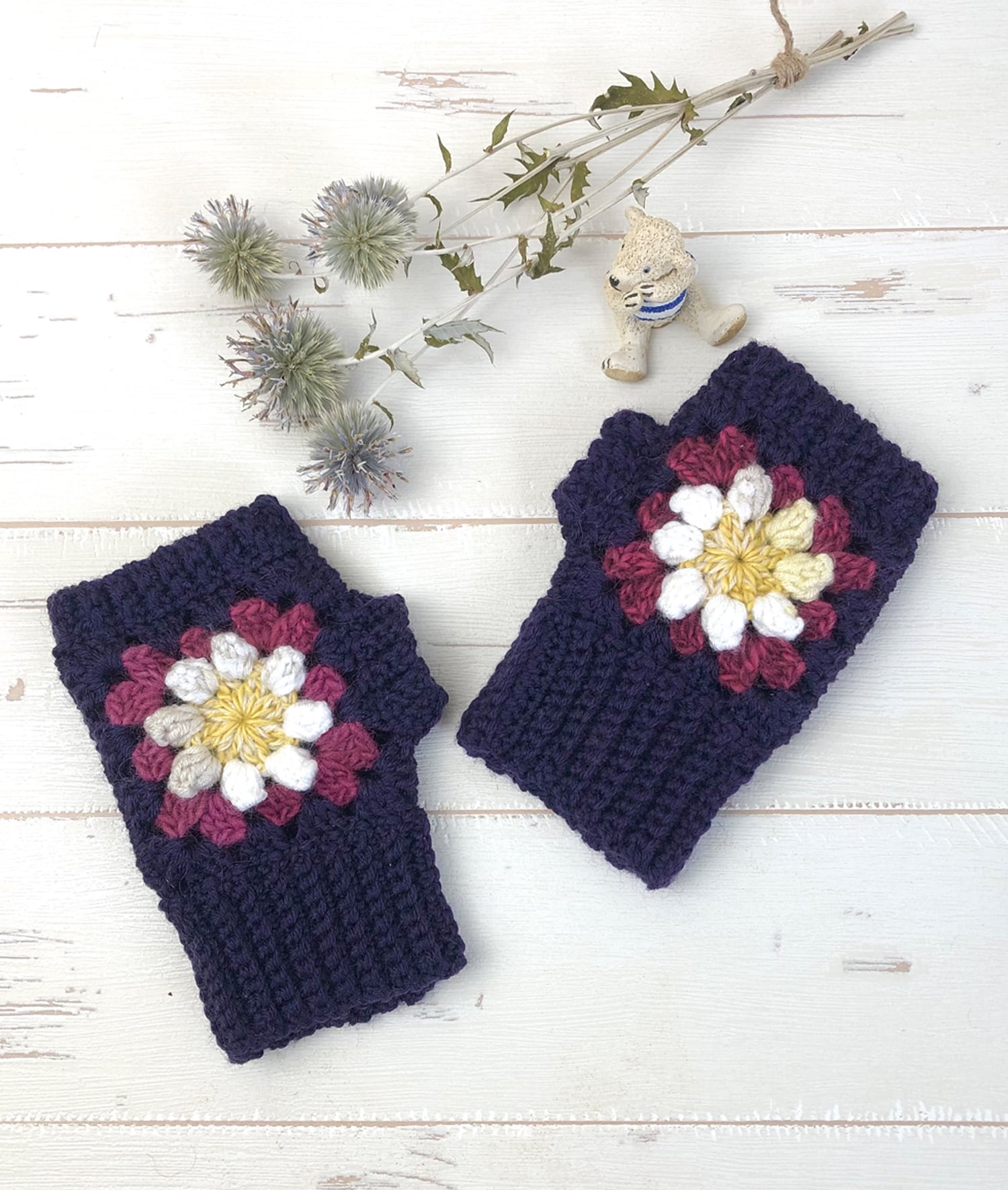 かぎ針モチーフ編みハーフミトン(ネイビー)