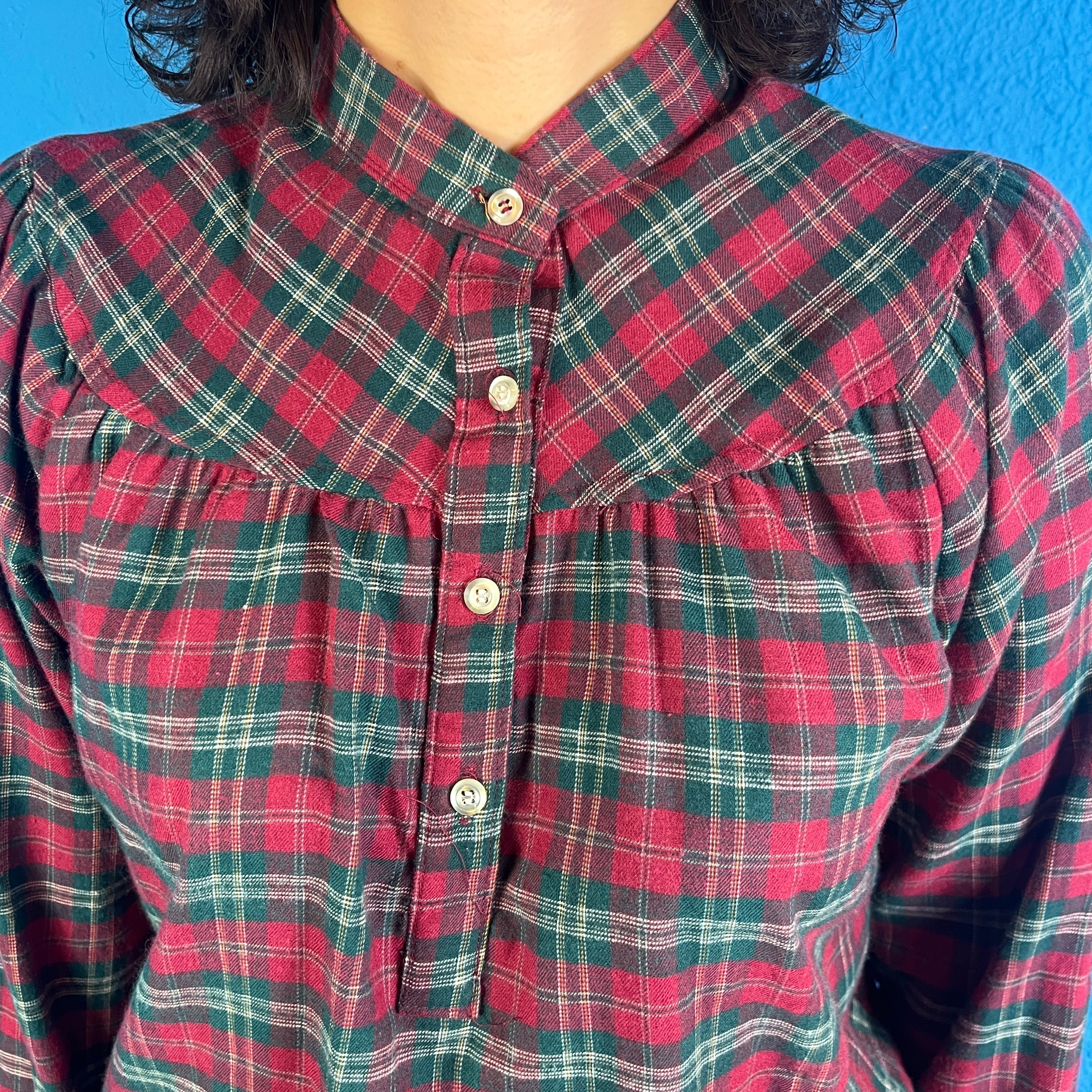 Lady's】70s Sears Red and Green Checked Collarless Blouse