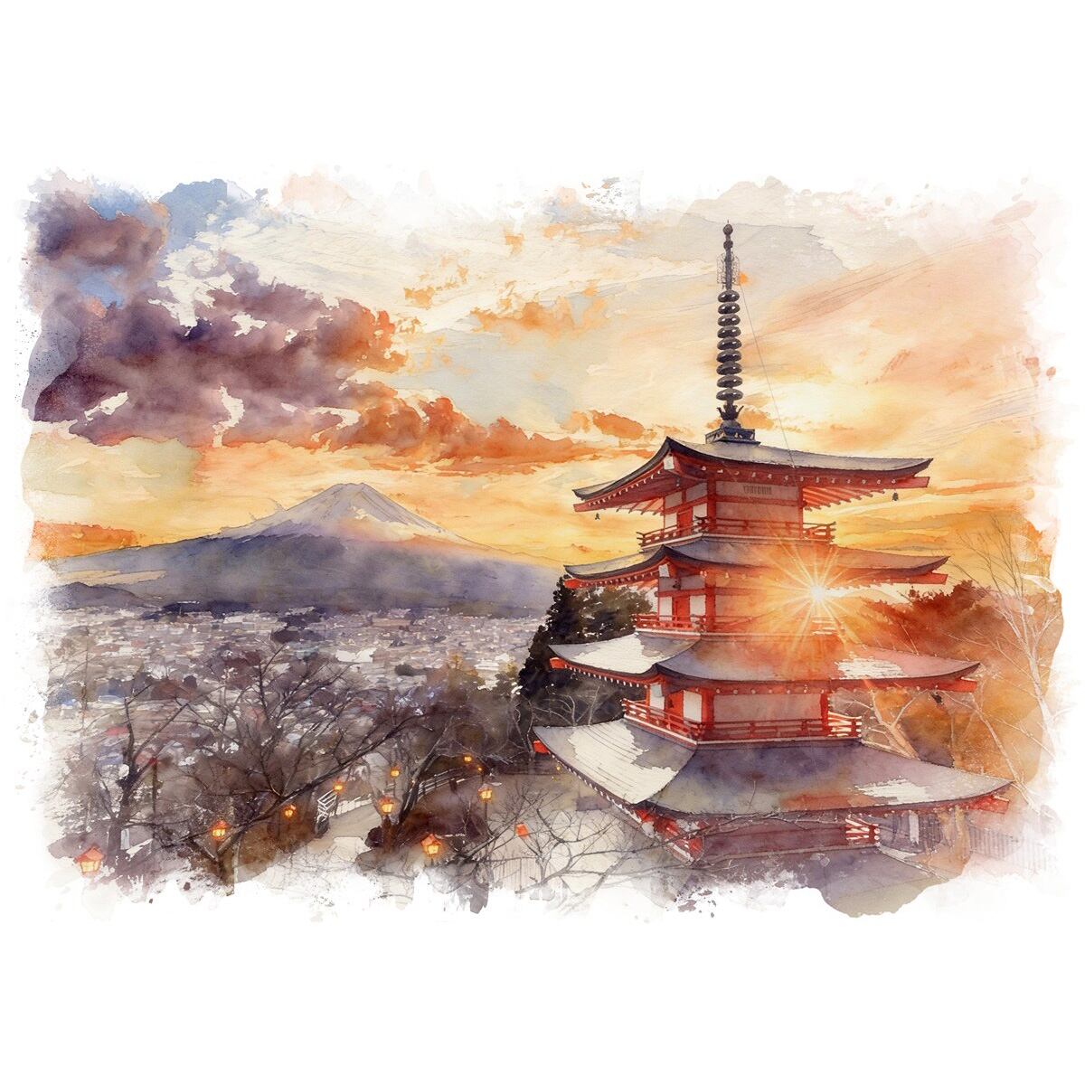 絵画 日本 山梨県新倉山浅間公園 五重塔からの富士山 インテリアアート額付き 水彩画・油絵風 WAT0043