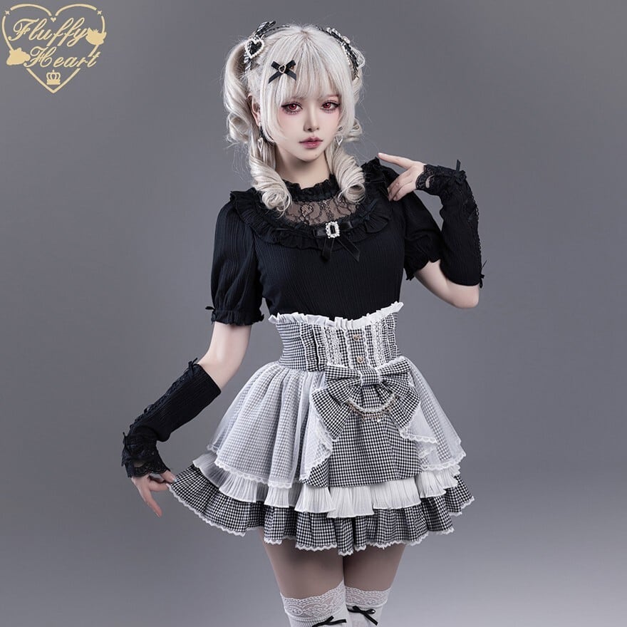 コルセット風 ティアード フリル スカート ブラック ピンク チェック