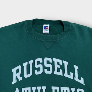 【RUSSELL ATHLETIC】90s USA製 スウェットシャツ トレーナー アーチロゴ 2段プリント 肉厚 太アーム ディープグリーン SWEATSHIRTS L ラッセル ヴィンテージ US古着