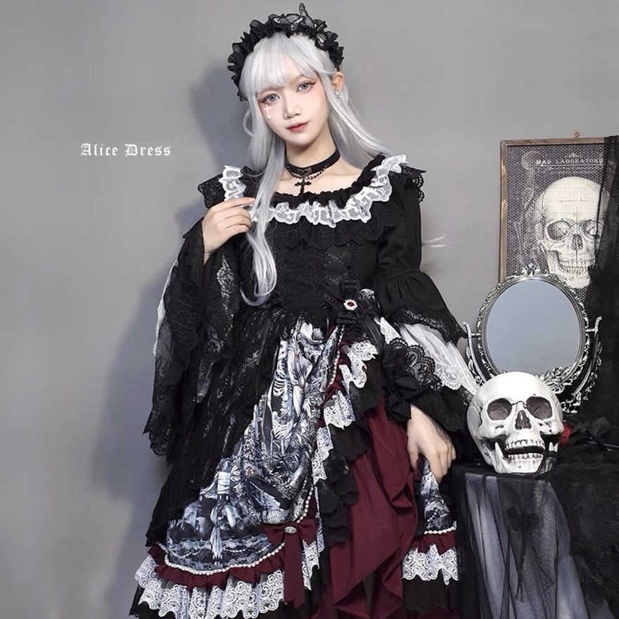 ゴシックロリータ ドレス｜ヘッドドレス付き 黒×赤 貴婦人風 暗黒童話