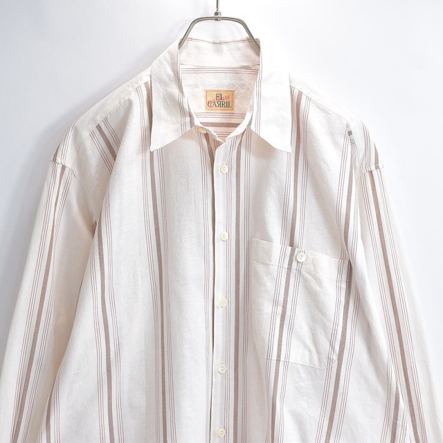 80～90s 日本製 EL CARRIL エルカリル ジャガード織 ボタニカル ストライプシャツ 長袖シャツ デザインシャツ ヴィンテージ ビンテージ 古着 メンズMサイズ