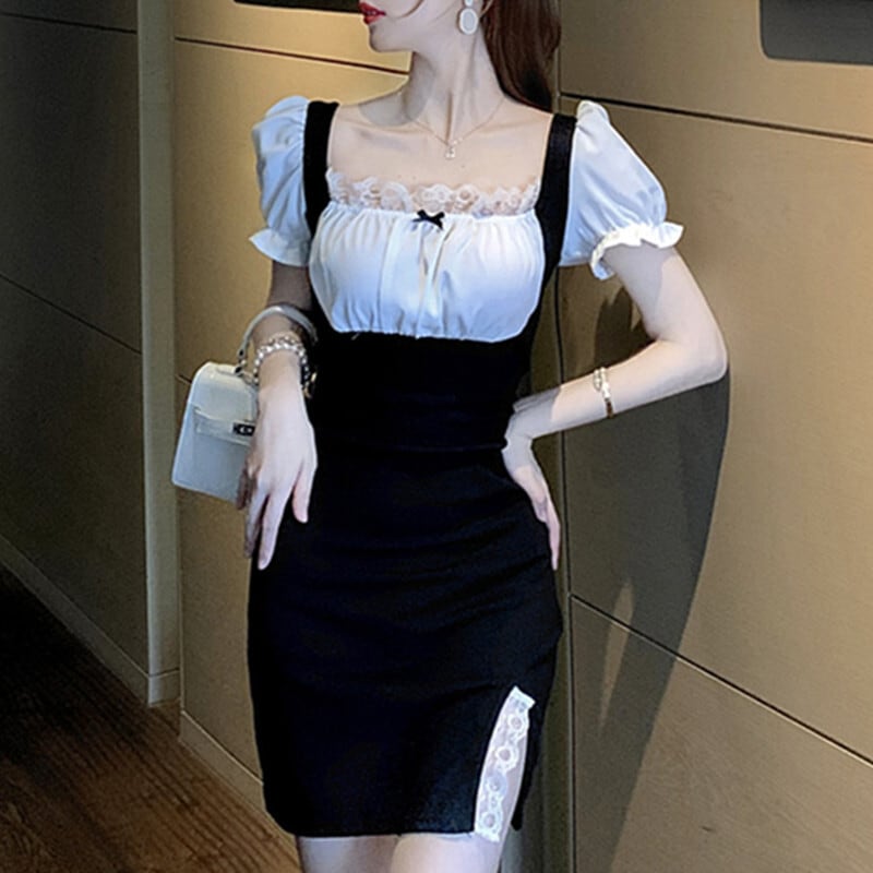 ワンピース セクシー 半袖 重ね着風 スクエアネック 半袖 パフスリーブ 配色 スリット S M L Dresszone