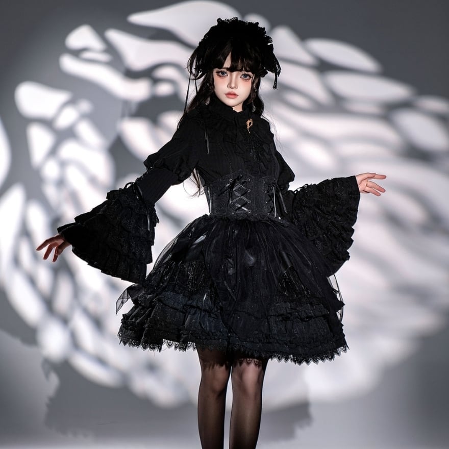 【FRILL】ブランド　ゴスロリ・ロリータ黒フレアスカート 新作公開】≪ ピンタックフリルスカート・フリル姫袖ボレロ≫ 通販：2