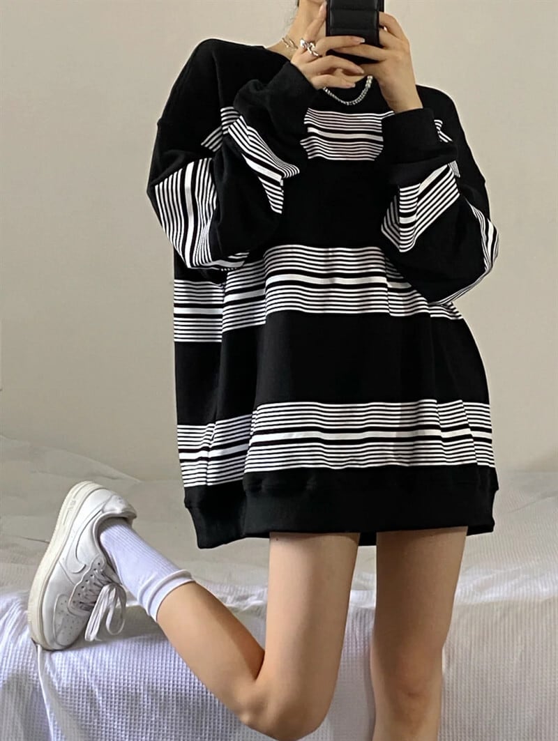 スタイルストライプ薄手セーター ジャケット スプリングオータムルーズトップス ロング 春物 秋物 モンロー80414844701