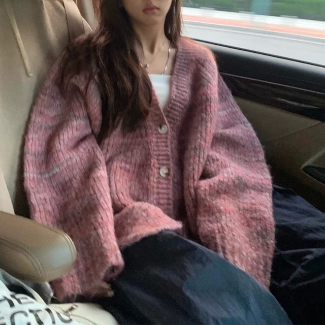 Mid‑length mixed‑yarn V‑neck knit cardigan(SN212)