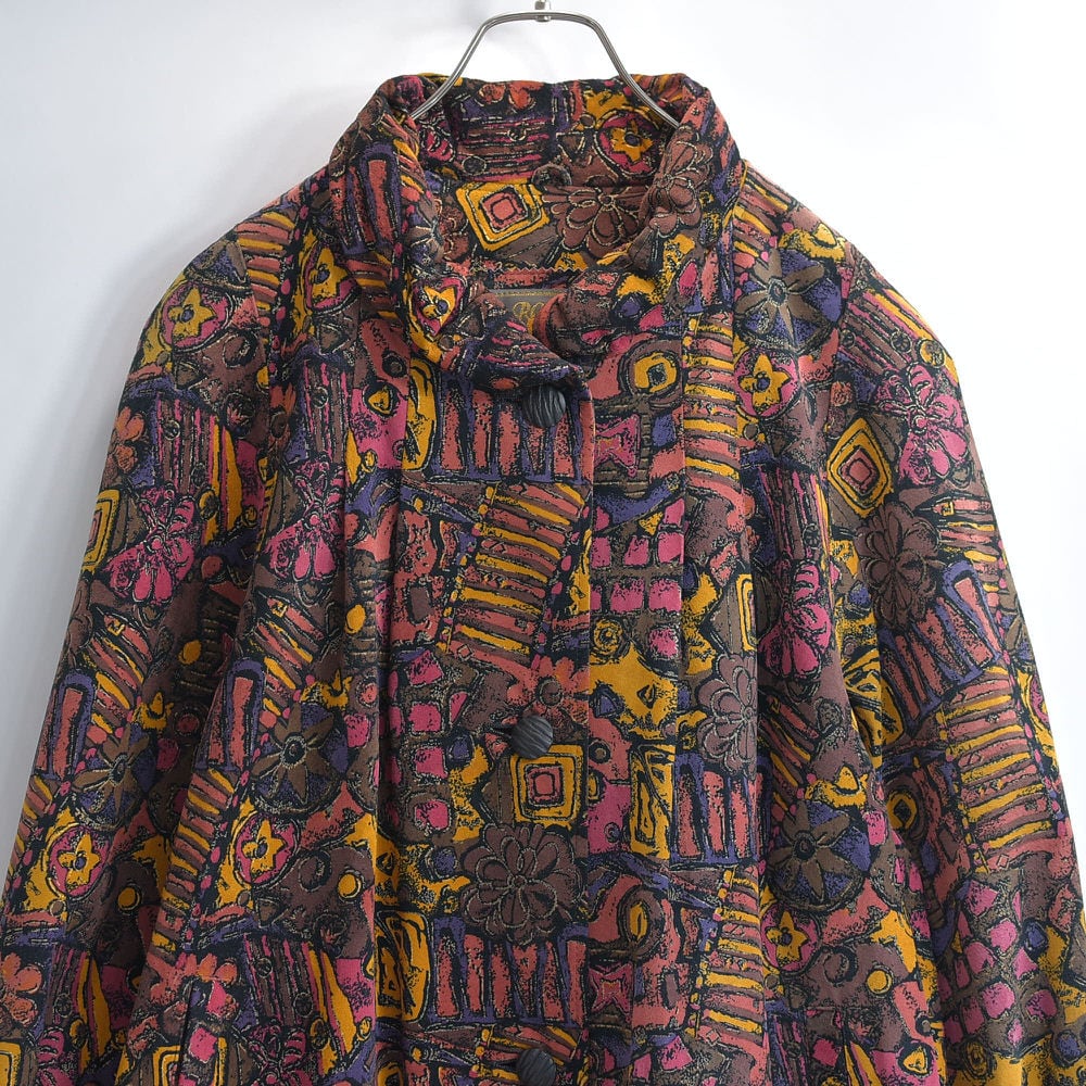 90s 日本製 ROZEN yokohama ピッグスキン アート プリント レザーコート 本革 ロングコート 総柄 幾何学模様 フラワー レトロ Aライン ジャパンヴィンテージ ビンテージ 古着 レディースフリーサイズL~XL相当