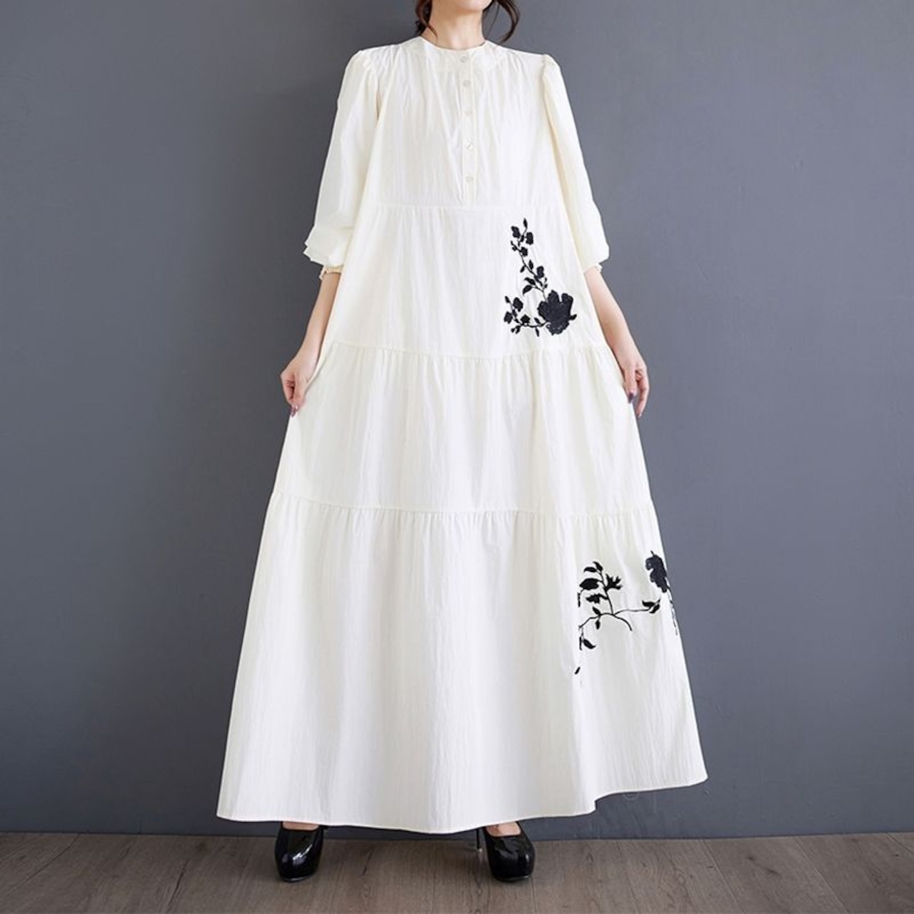 フラワー刺繍 Aライン ロングワンピース 00017