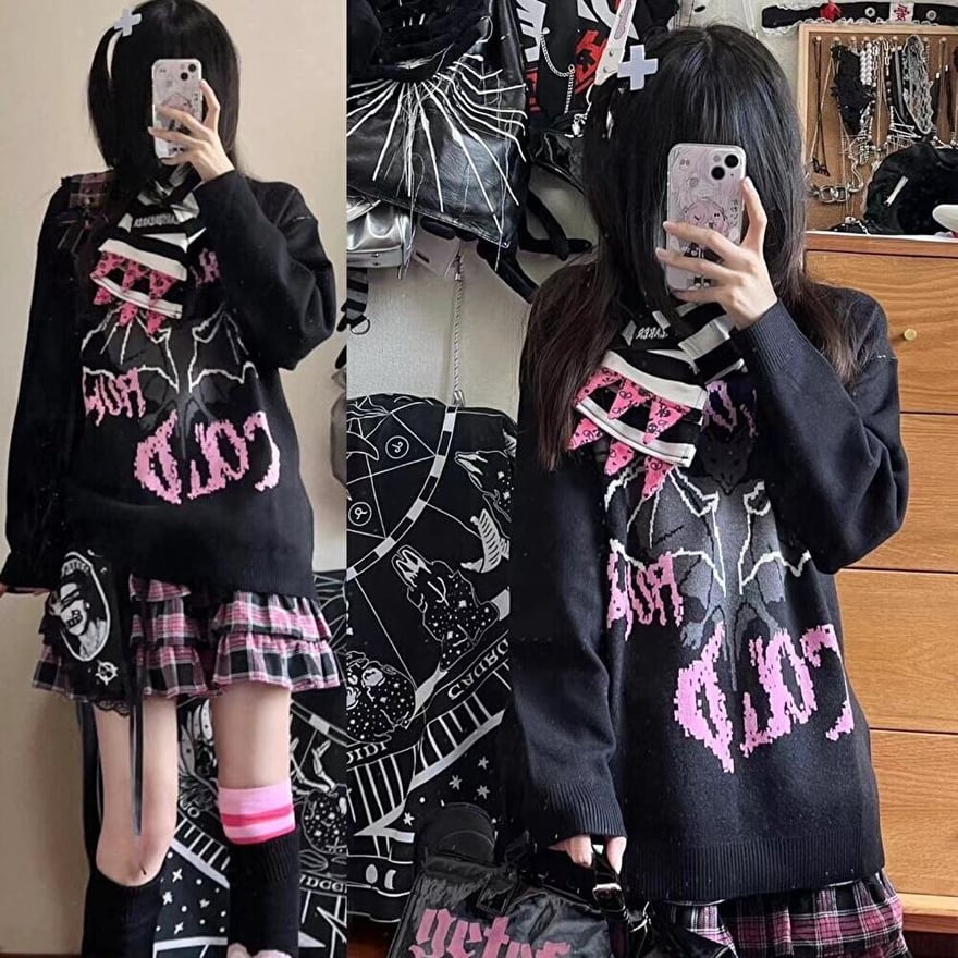 サブカル 服 地雷系 通販 ニット セーター コウモリ 悪魔プリントロゴ 闇かわいい パンクファッション服