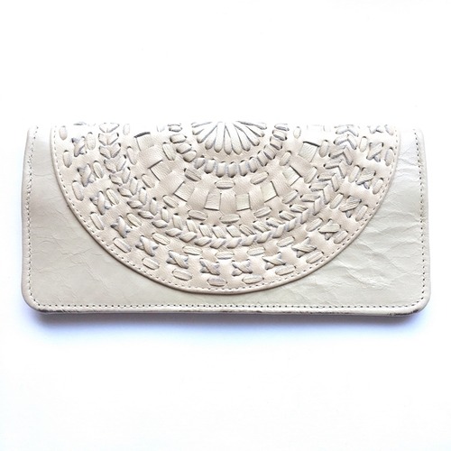 ボヘミアン 本革 レザー ウォレット(アイボリー×サークルデザイン) 財布 手帳ケース パスポート入れ【バリ島直輸入】