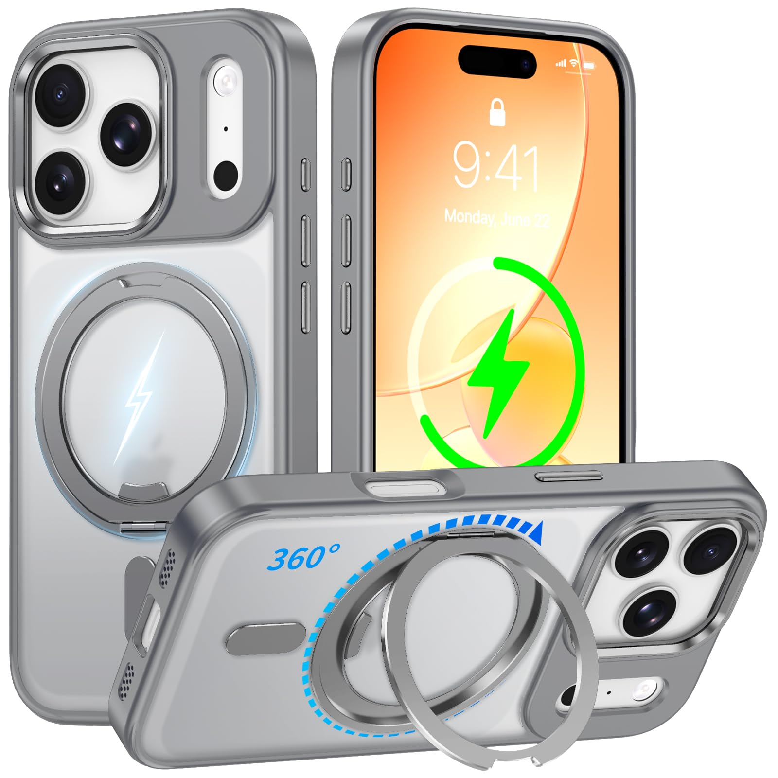 iPhone 18 Pro / 17 プロ ケース Magsafe対応 360°回転スタンド Uovon ワイヤレス充電 耐衝撃・グレー