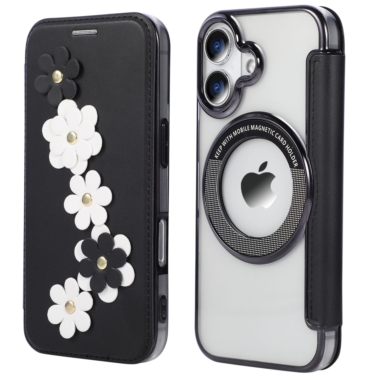 YUYIB スマホケース 対応 iPhone 17e / 16e 手帳型 MagSafe対応 背面 クリア 透明 高級なPUレザー+TPUパネル 花柄 フラワー 衝撃吸収 軽量薄型 携帯電話カバー ブランド ワイヤレス対応 アイフォン17e/16e 手帳型ケース (ブラック)