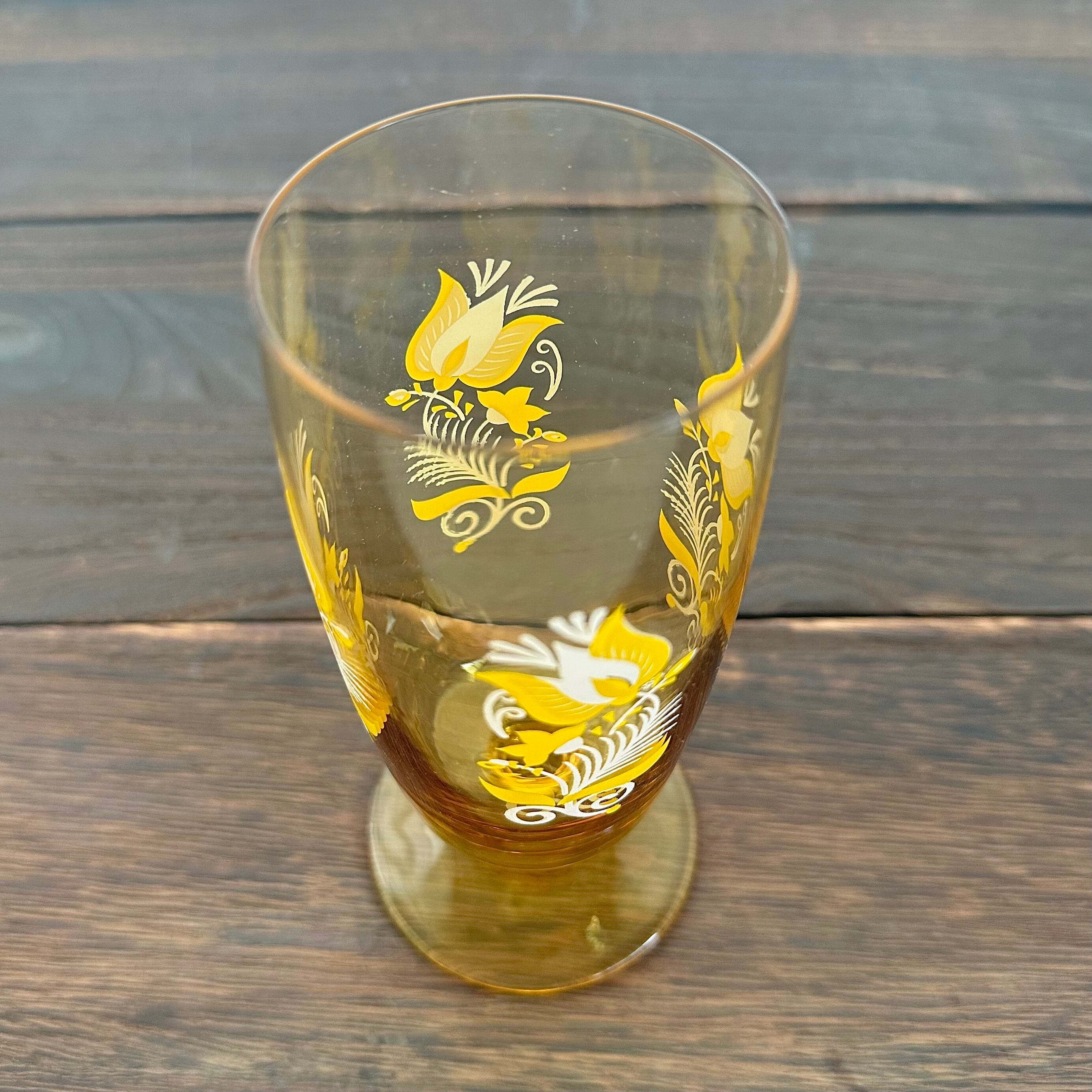USED品 曽我ガラス [りんどう] レトロ イエロー 花柄 脚付き アンバー