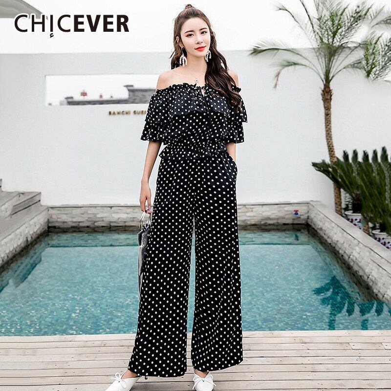 CHICEVERポルカドットヒットカラーツーピースセットレディーススラッシュネックパフスリーブレースアップシャツワイドレッグパンツスーツ2020 ワイドパンツ 6base556592817691