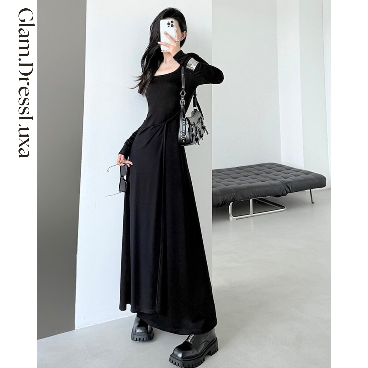 スクエアネックtwist drapeワンピース /_W23