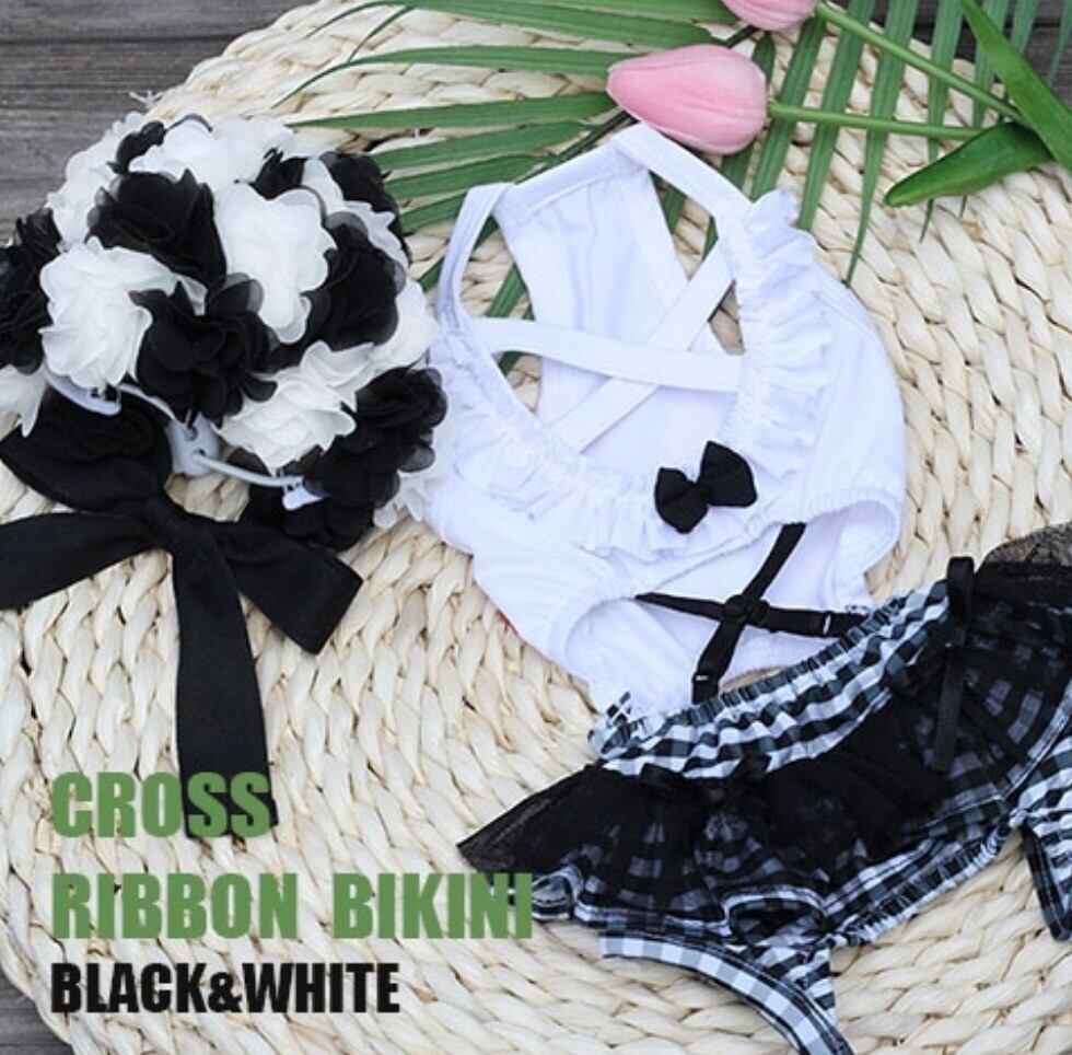 予約【HAPPYJJANGGU】Cross Ribbon Bikini《Black＆White》