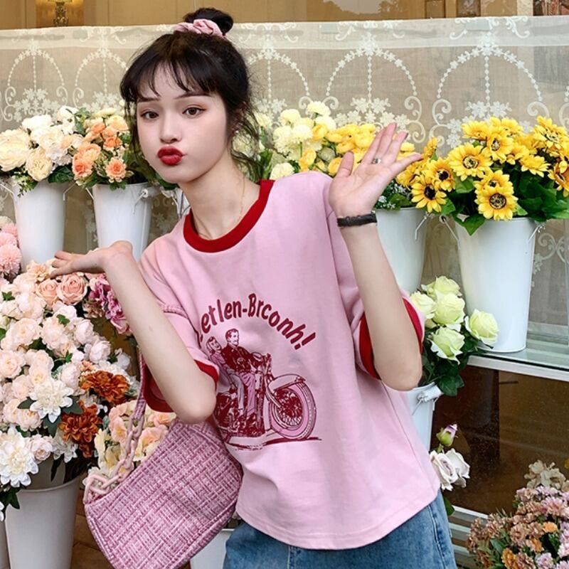 ショートTシャツ サマースタンダードプリントヴィンテージ ピンク レトロ 夏物 ビンテージ ヨーロピアン YY-ファッション69377373032