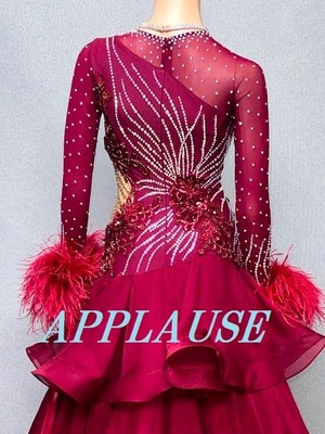 【新着】社交ダンス ドレス　スタンダード　モダンドレス　エンジ（袖ファー）　S～M　 ST-24-33　デモ・競技用ドレス　発表会衣装　パーティドレス　ワンピース　舞台衣装