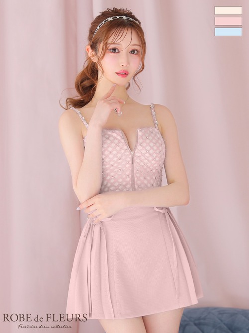 ROBE de FLEURS ローブドフルール fm3722  [チェックビジューサイドリボンセットアップミニキャバドレス] PINK