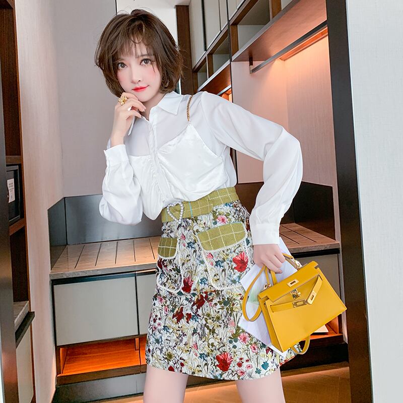 シャツ ジャカードハイウェストウェストAラインスカート スプリング 春物 ステッチ MIUCO80216319666