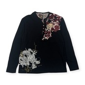 桜花爛漫 オウカランマン 和柄 桜 龍 長袖 ヘンリーネック Tシャツ XL/ブラック系 メンズ